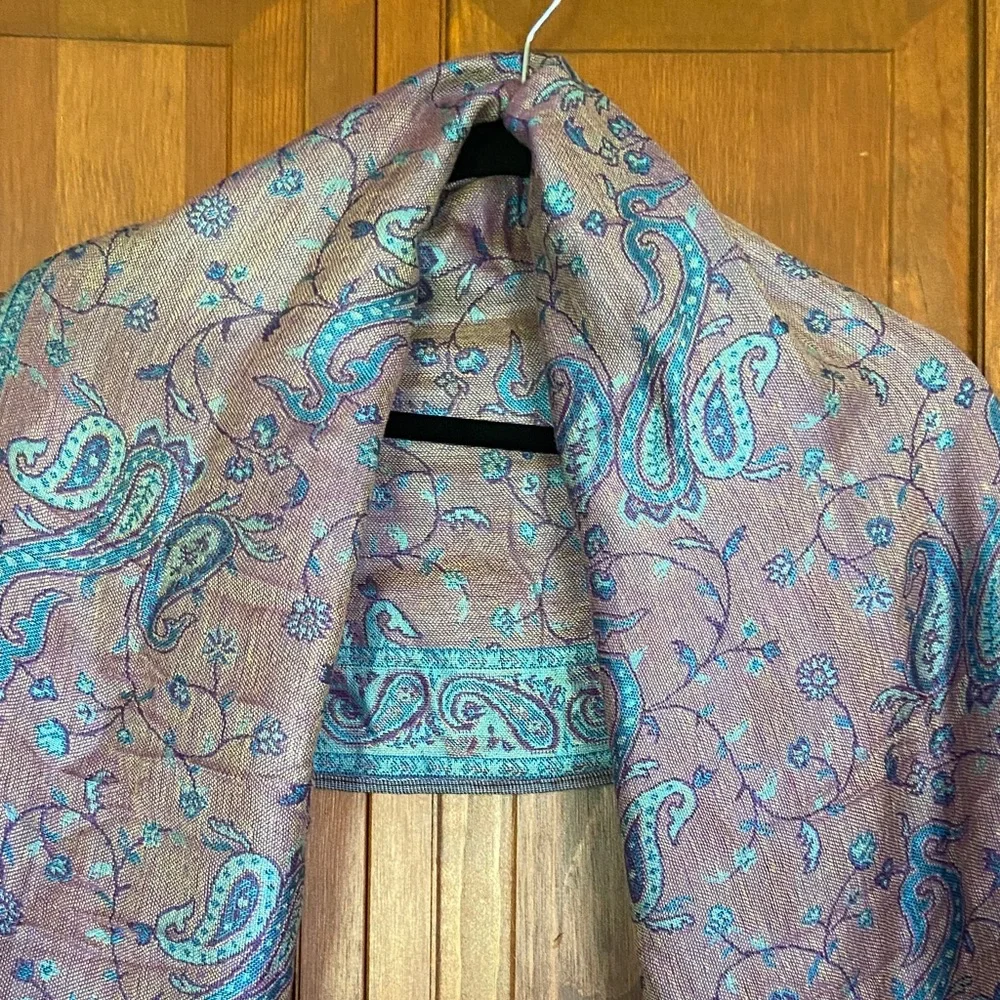 Paisley Print Scarf/Wrap With Gold Fringe ~ Teal, Purple and Brown - Picture 2 of 9